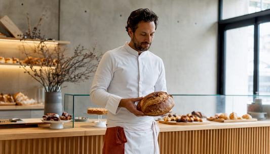 Un boulanger présente fièrement sa miche de pain au levain, réalisée de façon artisanale.