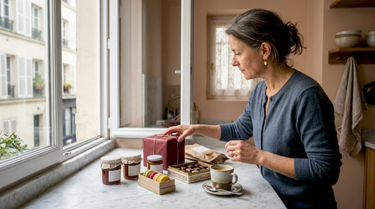 Une femme prend le temps de sélectionner des paniers gourmands à offrir, installée à sa table de cuisine.