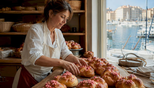 Un artisan dépose soigneusement ses brioches aux pralines roses sur l’étal, prêt à régaler les gourmands.