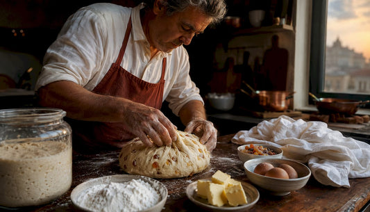Un boulanger en train de façonner la pâte à panettone dans son atelier