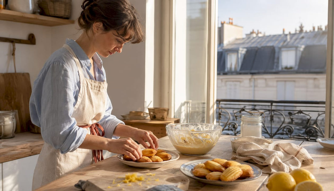 Le chef dispose délicatement ses madeleines au citron tout juste sorties du four sur des plateaux, prêtes à être dégustées.