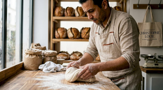 Artisan boulanger en plein façonnage d’un pain au levain, respectant les gestes traditionnels du métier.