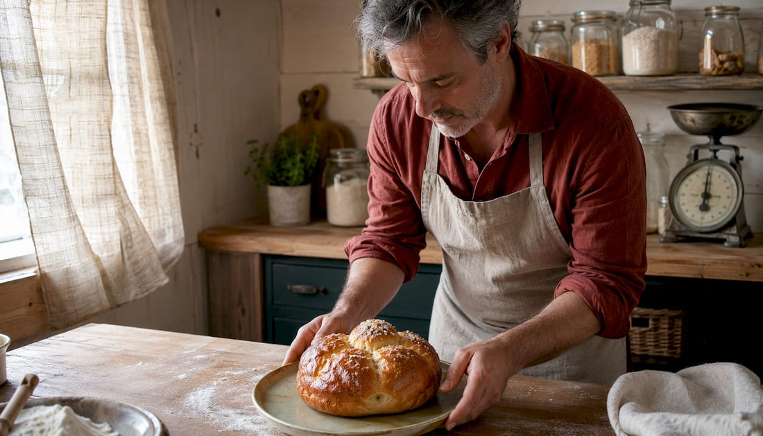 Une passionnée de pâtisserie laisse reposer sa brioche tout juste sortie du four sur une grille, pour qu’elle refroidisse doucement.