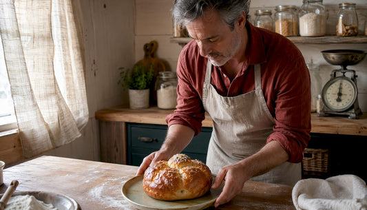 Une passionnée de pâtisserie laisse reposer sa brioche tout juste sortie du four sur une grille, pour qu’elle refroidisse doucement.