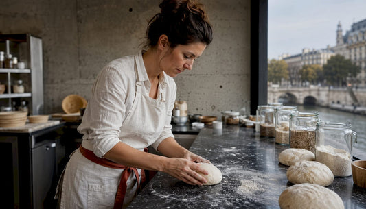 Une boulangère en plein façonnage de pains au levain, travaillant sa pâte avec soin sur le plan de travail.