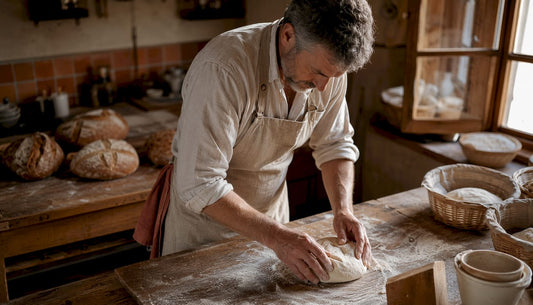 Un boulanger artisanal dispose avec soin ses pains au levain sur le comptoir, prêt à accueillir les gourmands.