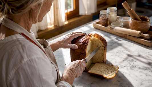 Un boulanger artisanal présente fièrement son panettone tout juste sorti du four.