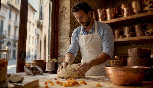 Dans une boulangerie artisanale, un boulanger façonne à la main un panettone traditionnel.