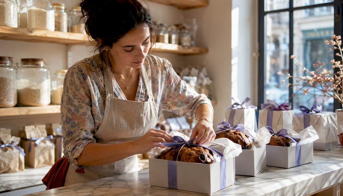 Dans sa boulangerie, un artisan dispose soigneusement des boîtes cadeaux de panettone sur le comptoir, prêt à ravir les gourmands à l’approche des fêtes.