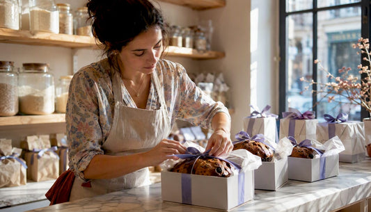Dans sa boulangerie, un artisan dispose soigneusement des boîtes cadeaux de panettone sur le comptoir, prêt à ravir les gourmands à l’approche des fêtes.