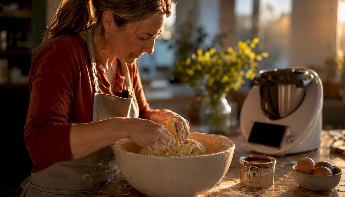 On s’attaque à la préparation d’une pâte à brioche maison dans la cuisine.