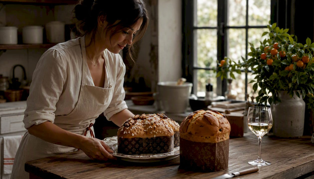 Une femme s’affaire à la préparation d’une colomba et d’un panettone sur une grande table en bois, dans une ambiance chaleureuse et authentique.