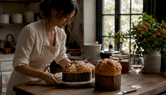 Une femme s’affaire à la préparation d’une colomba et d’un panettone sur une grande table en bois, dans une ambiance chaleureuse et authentique.