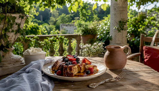 Des tranches de panettone façon pain perdu, servies avec leurs garnitures, présentées dans l’assiette.