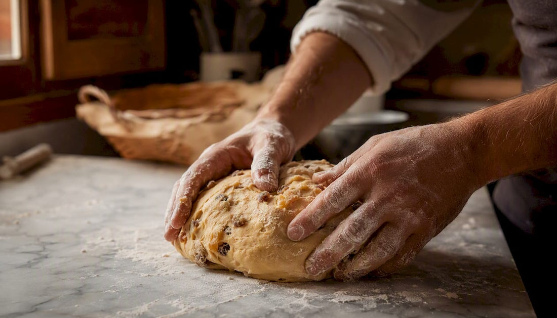 Des mains replient délicatement la pâte à panettone en pleine fermentation.