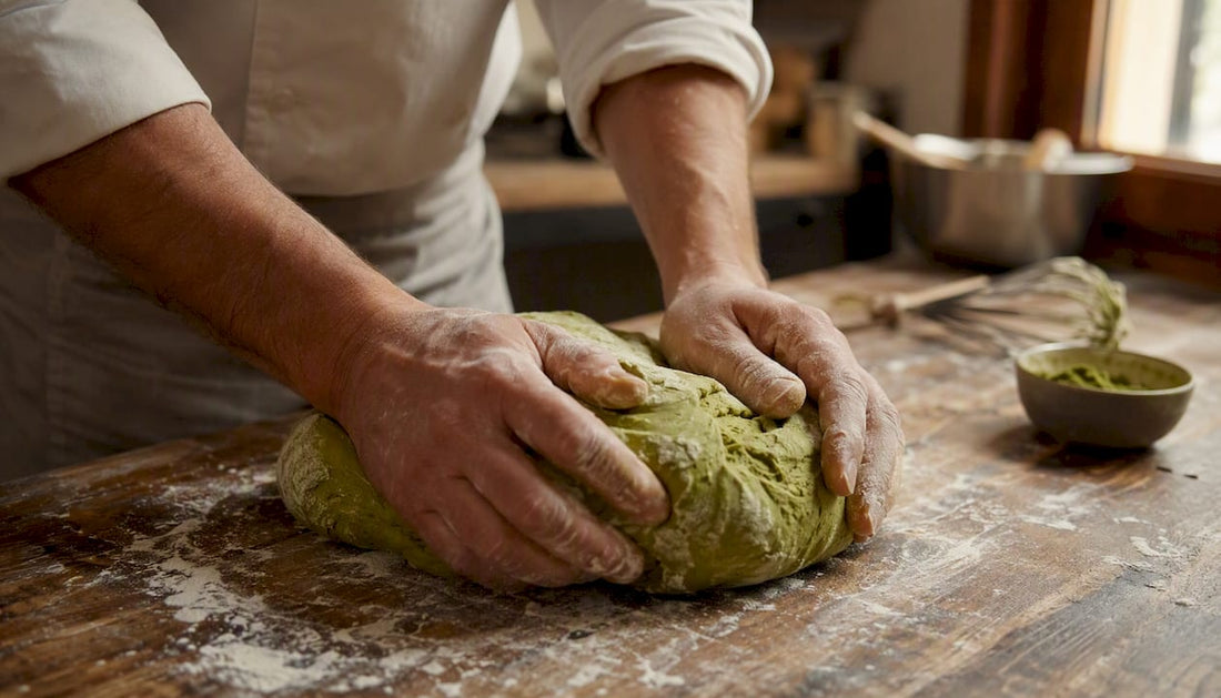 Des mains façonnent une pâte à brioche au matcha sur le plan de travail de la cuisine.