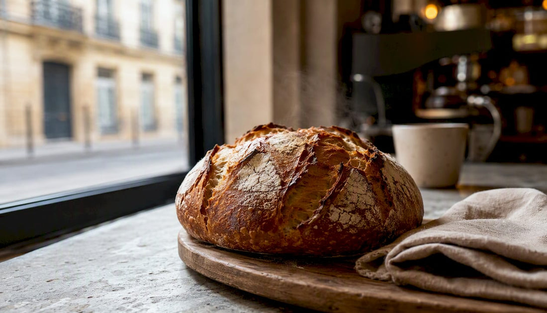 Une belle miche de pain au levain tout juste sortie du four, posée sur une planche en bois dans l’ambiance chaleureuse d’un café.
