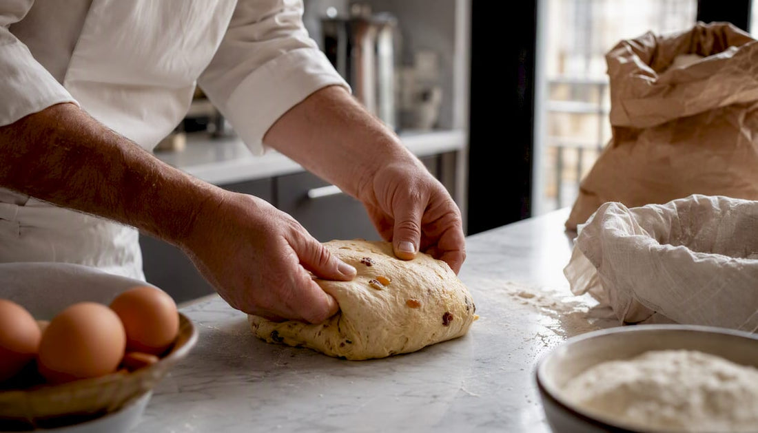 Des mains façonnent délicatement une pâte de panettone au levain.