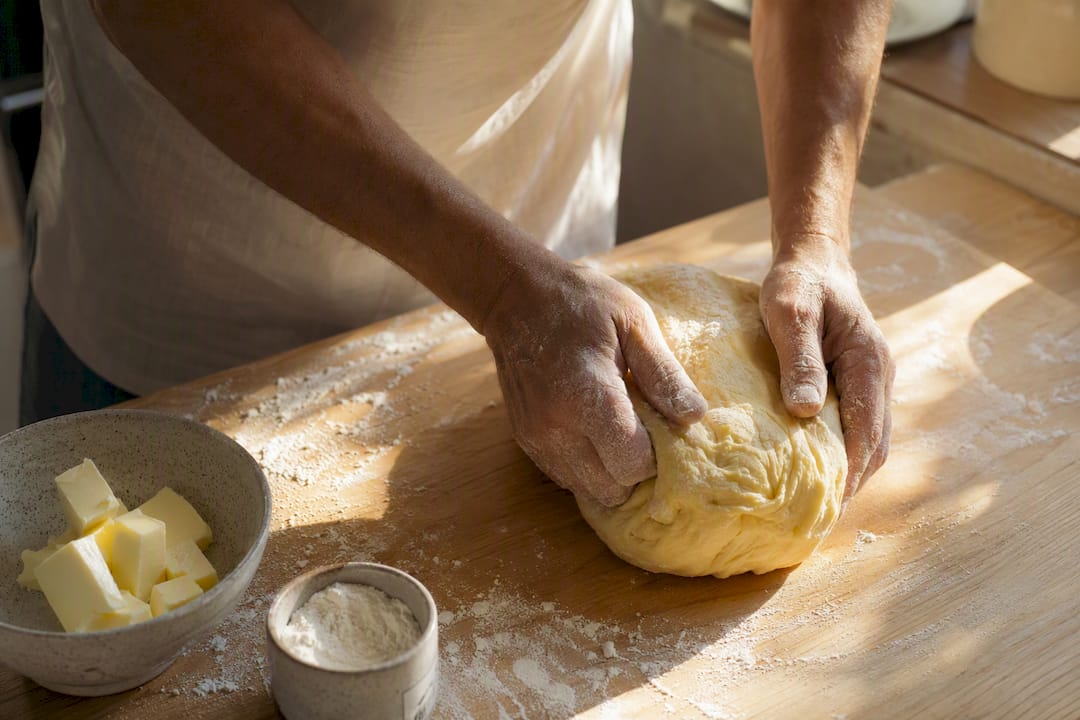 Des mains de boulanger façonnent la pâte à brioche avec savoir-faire.
