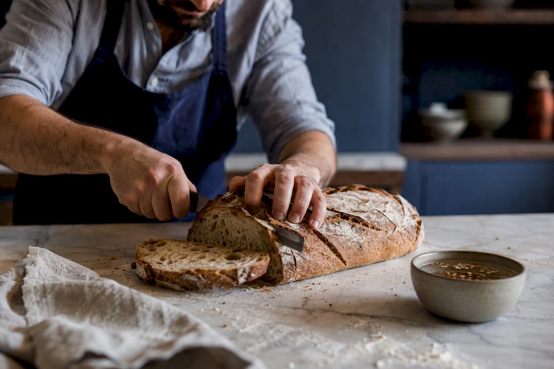 Des mains déchirent une miche de pain au levain juste à côté d’un bol de levure.