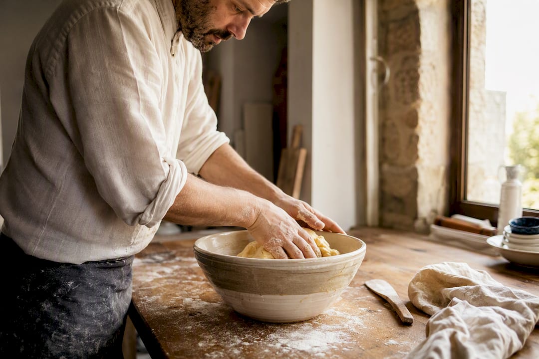 Un boulanger façonne délicatement la pâte à brioche dans son saladier, en la repliant pour lui donner sa texture aérienne.
