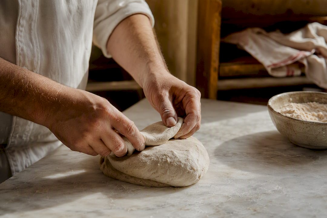 Mains d'artisan pétrissant une pâte dense de levain au levain naturel
