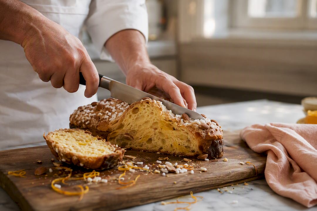 Tranches de panettone artisanal et de colombe sur une planche en bois