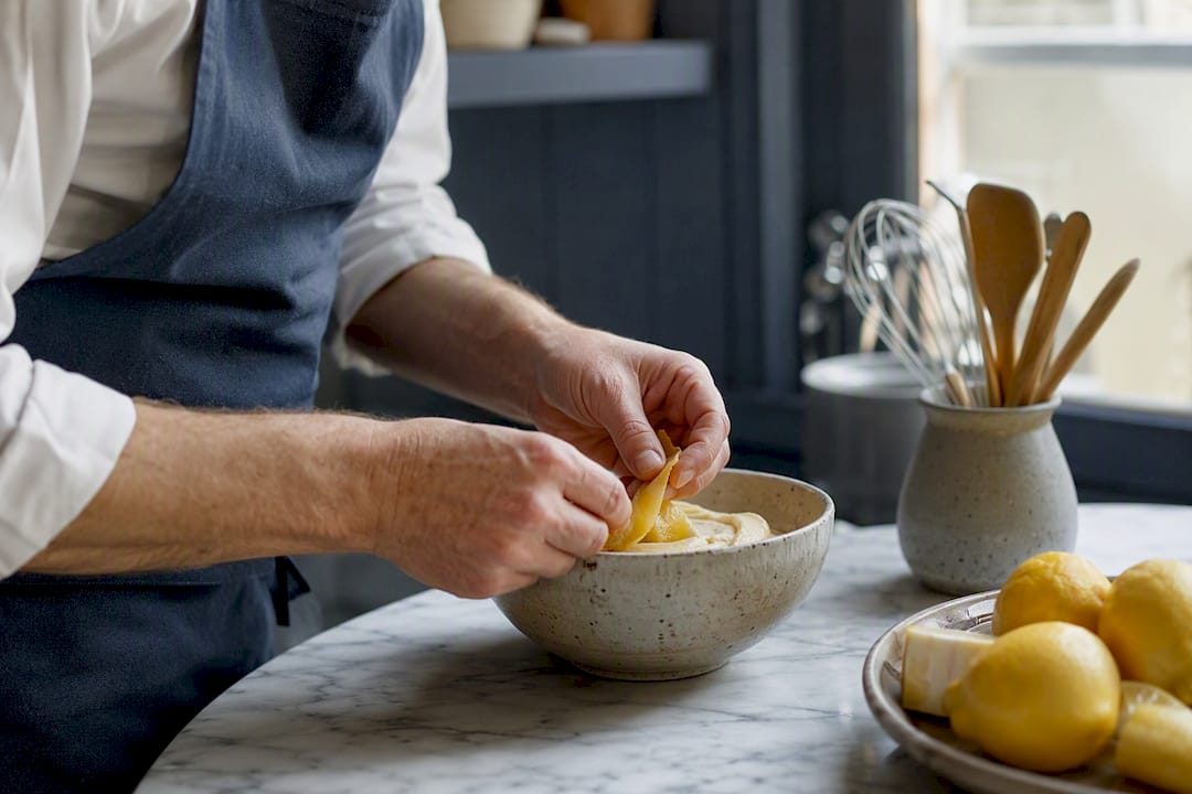 Mains en train de mélanger la pâte à madeleines avec du zeste de citron