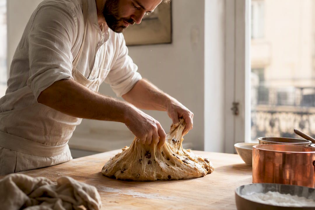 Mains façonnant une pâte artisanale de panettone