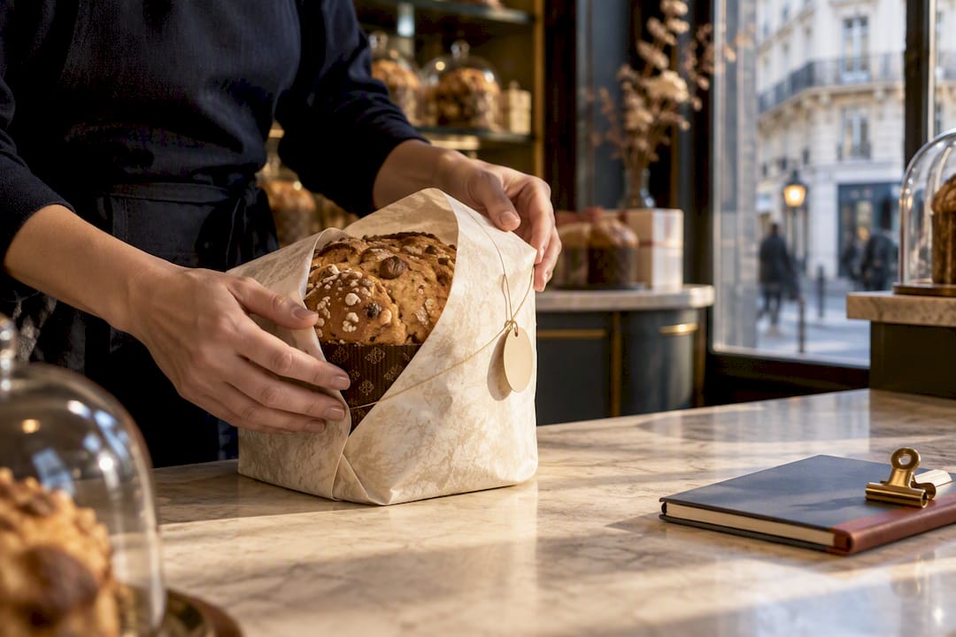 Des mains qui examinent l'étiquette d'un panettone