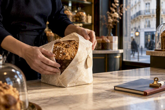 Des mains qui examinent l'étiquette d'un panettone