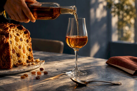 Vin Santo servi à côté d'une tranche de panettone