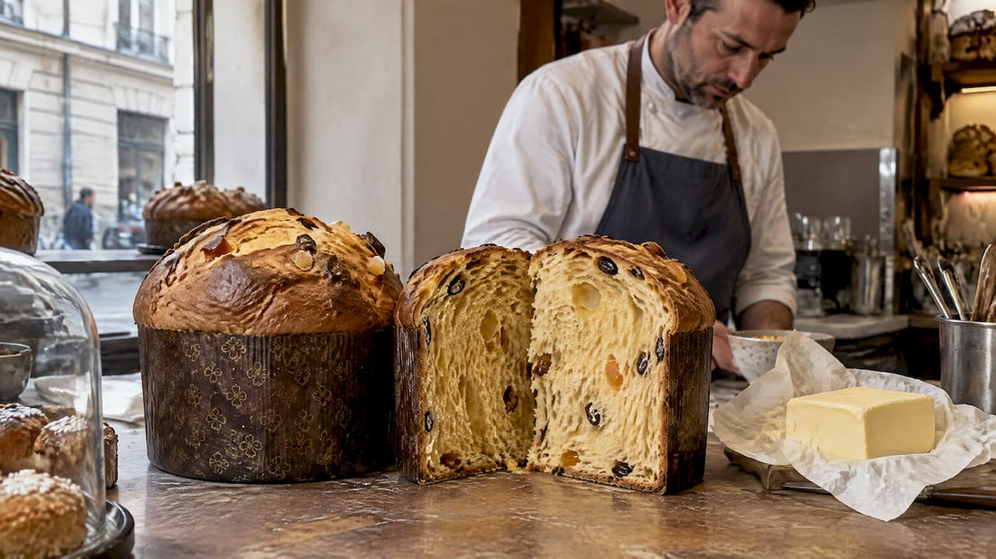 Panettone artisanal exposé sur un comptoir parisien