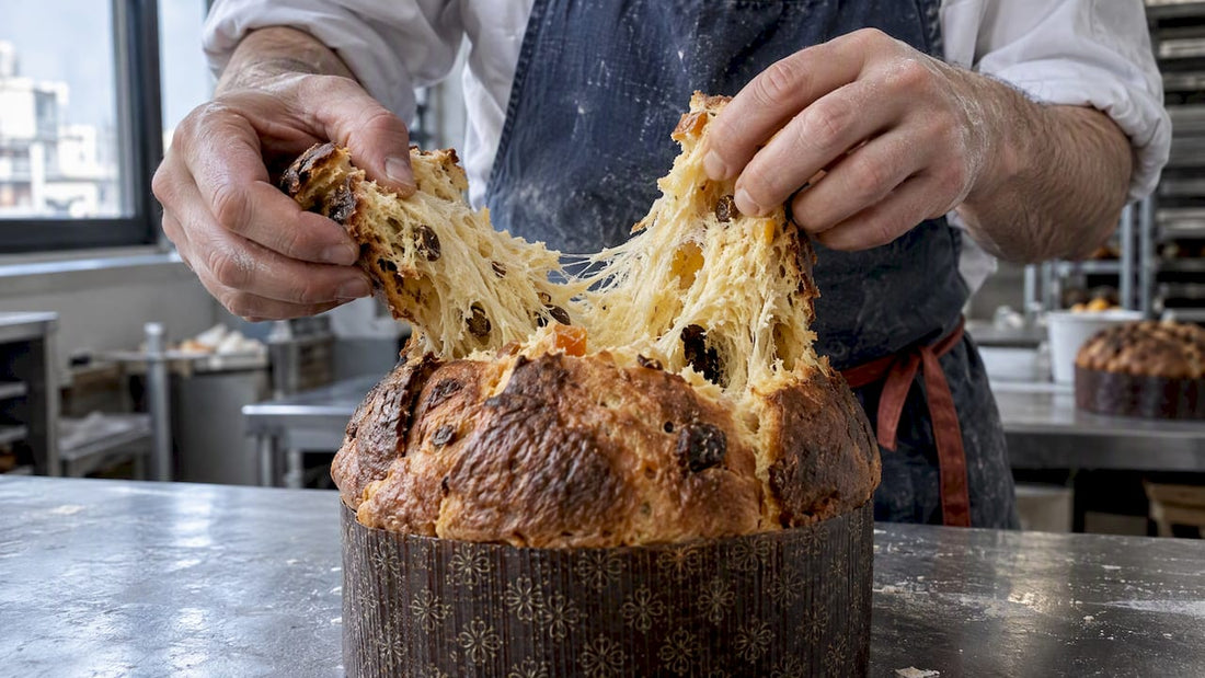 Mains étirant la mie filante du panettone