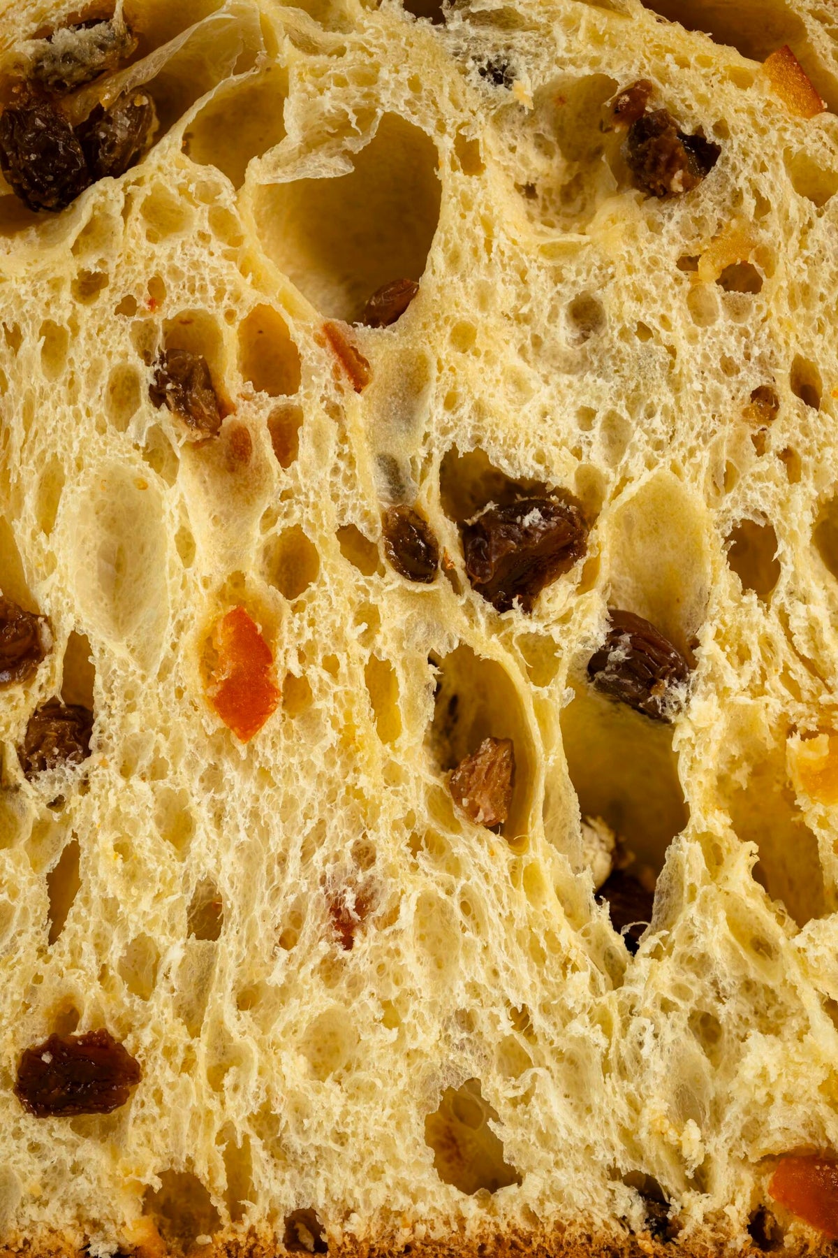 Gros plan sur la mie filante et les fruits confits du panettone classico Christophe Louie