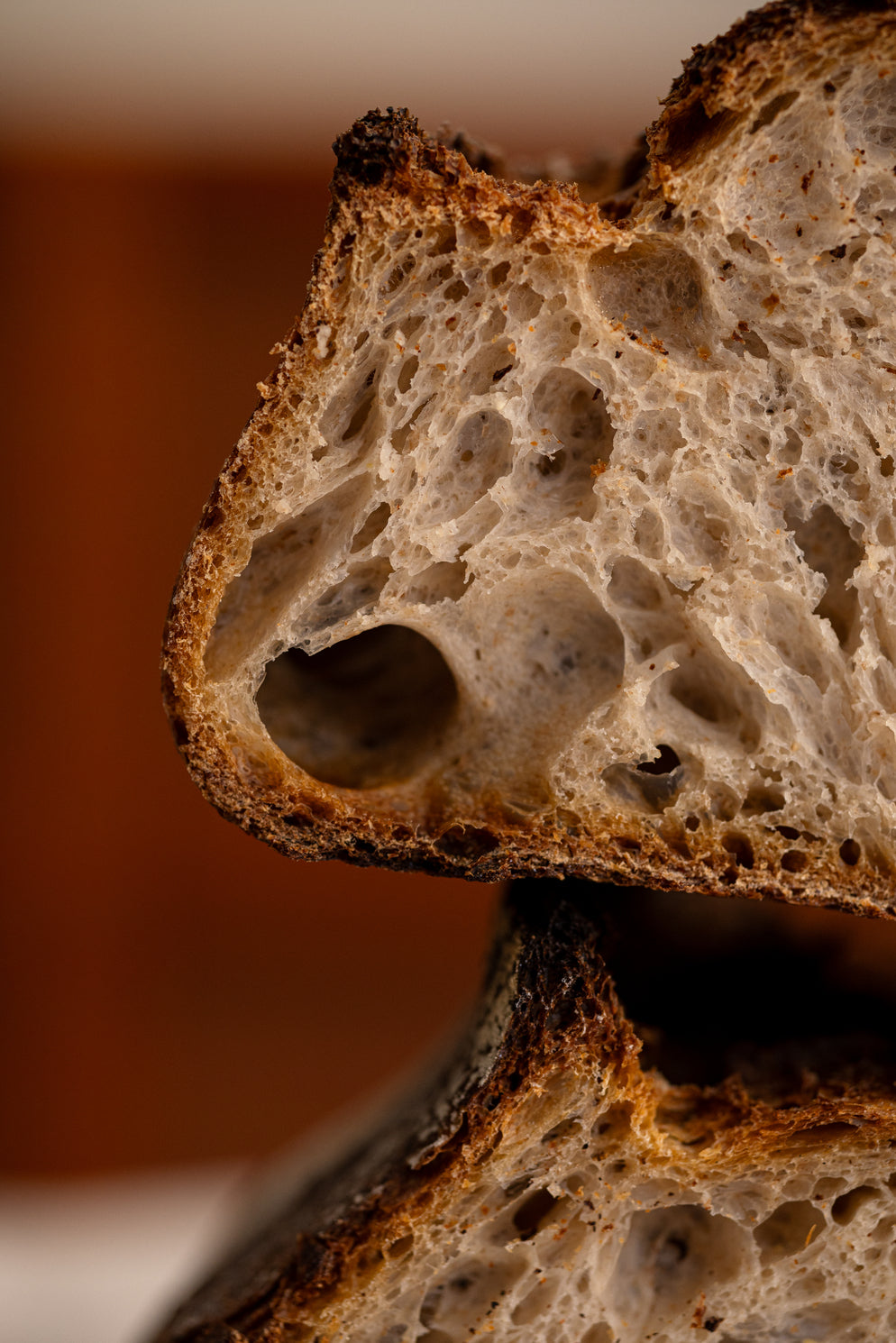 Tranche de pain de campagne Berry révélant une mie alvéolée et dorée au levain naturel